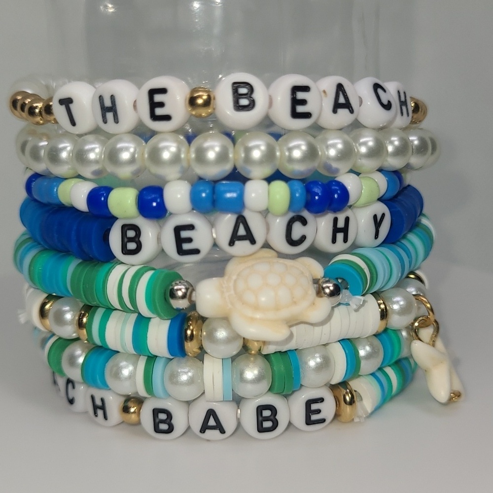 8 Beachy Beaded Bracelets Set Stackable Boho Friendship Charm Stacked Heishi NEW